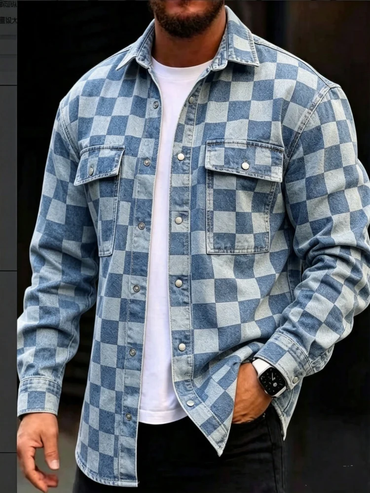 Men's Two-Tone Blue Checkerboard Fake Denim Long Sleeve Shirt Lapel Button Down Double Chest Pocket Casual Street Top
