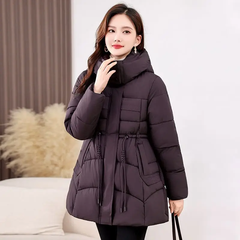2025 Mom New Winter Clothing Waist Temperament Medium and Long Down Cotton Clothing Women Middle-aged and Elderly Hooded Jacket