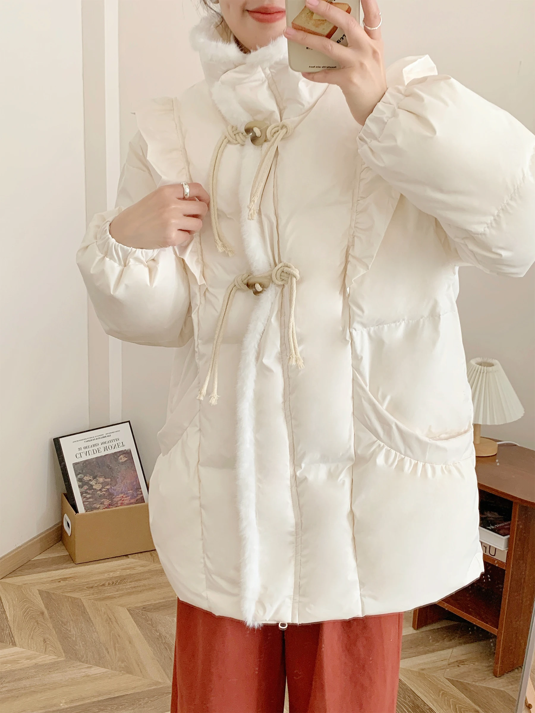 Women's White Duck Down Coat, Thick and Warm with Hood, Cute and Sweet, College Style, New Style, 2023