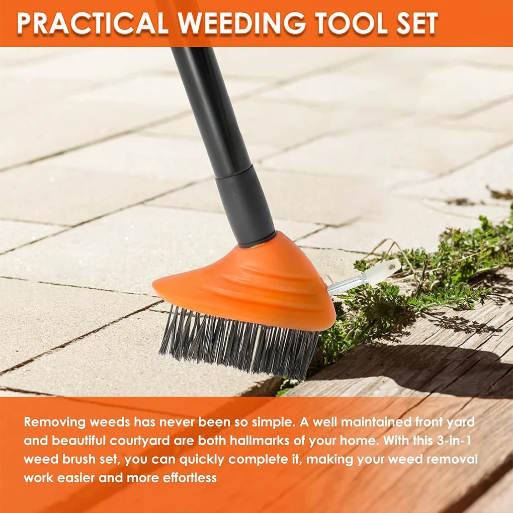 Gardening Cleaning Tools 3 In 1 Weed Remover Wire Brush Adjustable Manual Crevice Weeding Brush with 2 Replaceable Brush Heads