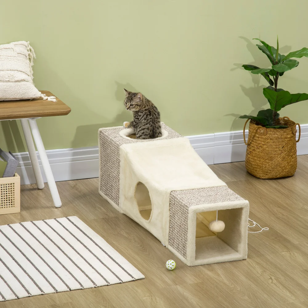 Katzentunnel mit Spielball, Katzenspielzeug, Spieltunnel aus Sisal, Braun+Beige, 98x30x30 cm