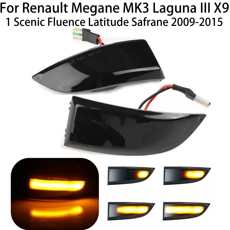 For Renault Megane MK3/Laguna III X91/Scenic/Fluence LED Dynamic Side Mirror Turn Signal Yellow Flowing Light Black Housing