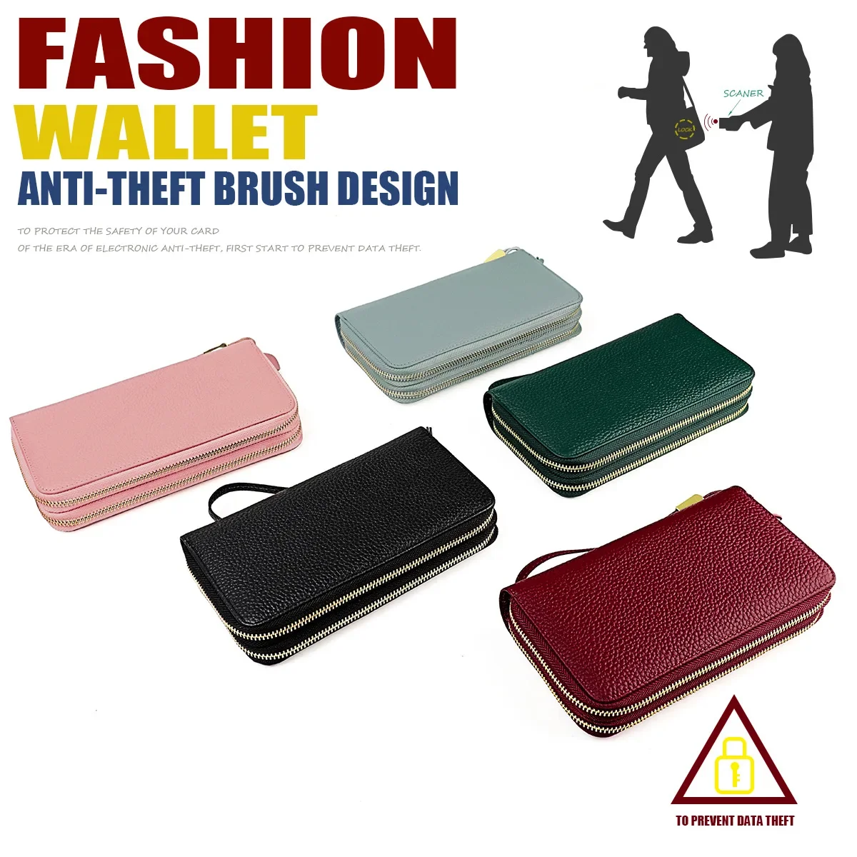 Womens Large Capacity Genuine Leather RFID Blocking Wallets Wristlet Clutch Card Holder Phone Pocket Double Zipper Long Wallet