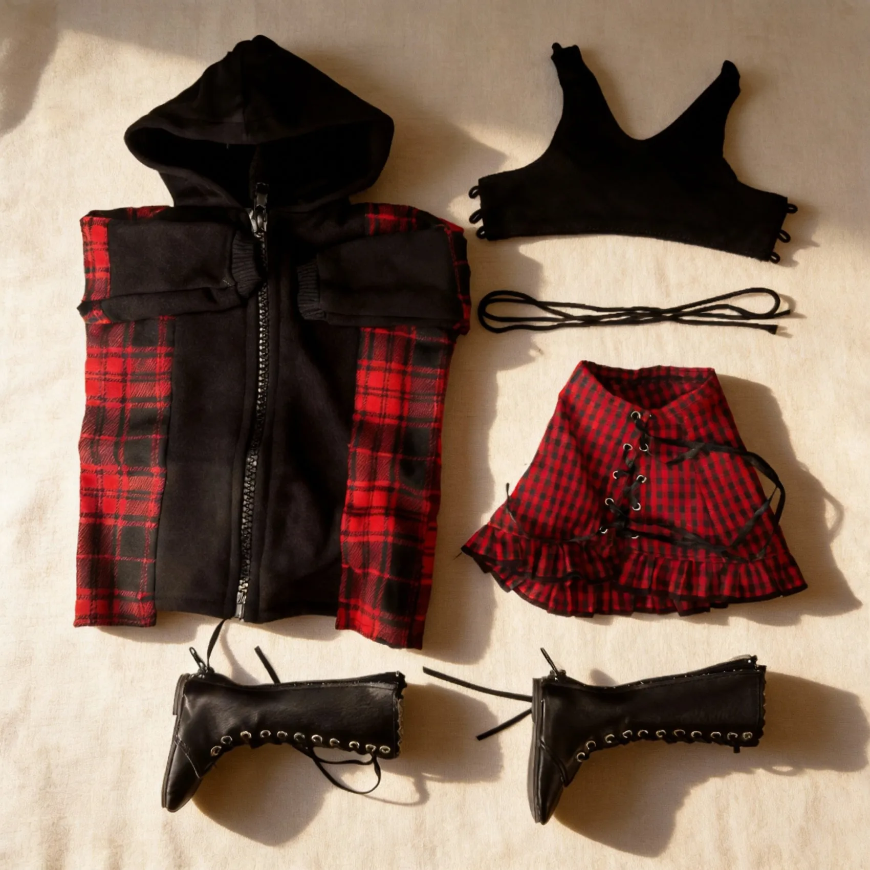 

60cm 1/3 BJD Doll Clothes Set Edgy Grunge Outfit Black Crop Top Plaid Skirt Zip Hoodie Lace Boots Alternative Gothic Fashion