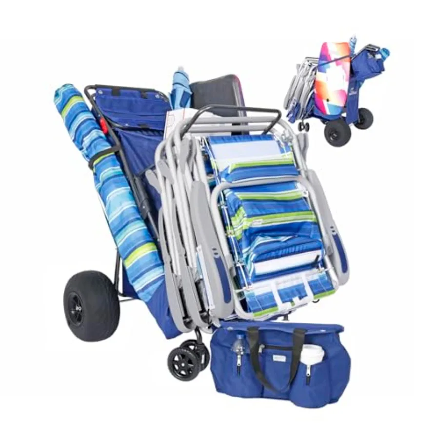 Carrito de Playa con Ruedas de Globo para Arena, Carro Grande con Ruedas en Azul con Bolsa Térmica, Soporte para Sombrilla y Tabla de Surf 10
