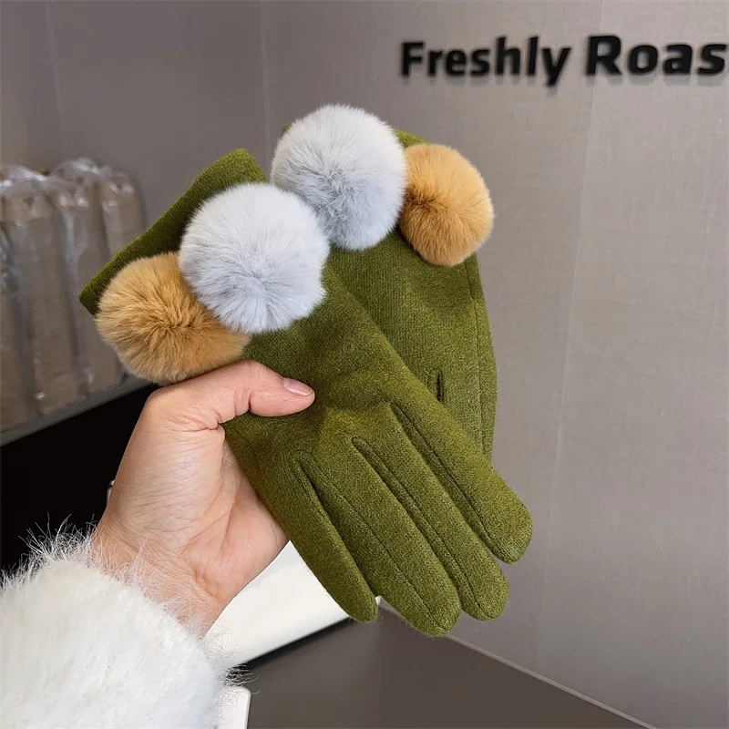 

Женские шерстяные перчатки в клетку с помпоном из лисьего меха, с флисовой подкладкой, для сенсорных экранов, зимние, теплые, единый размер