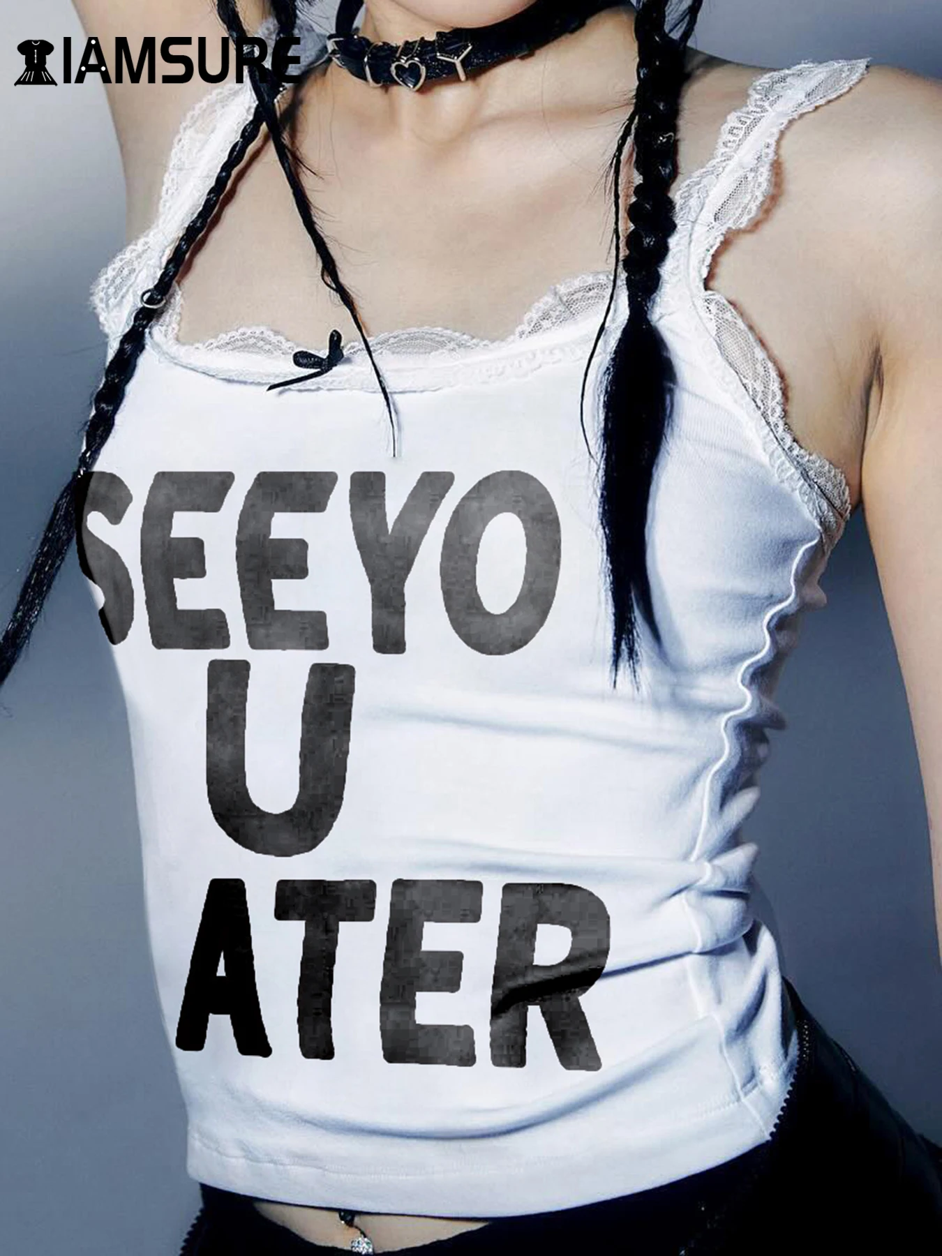 

IAMSURE Slim Letter Printed Lace Trim Camis Top Sexy Slim Slash Neck Sleeveless Crop Tops Women 2024 Summer Fashion Streetwear
