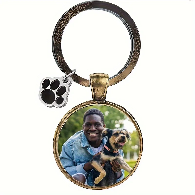 Personalized Custom Photo Keychain with Dog Paw Charm Round Picture Key Ring Gift for Pet Lovers Family Friends Memorial Present