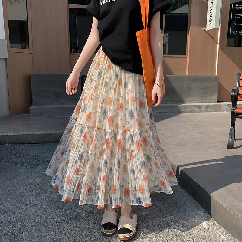 Design Sense Floral Midi Skirt for Women 2025 New Spring Petite Super Fairy Cake Skirt Printed A-line Pleated Skirt