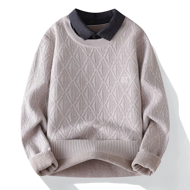 

Luxury Man Long-Sleeved Knitwear False Two-Piece Shirt Collar Geometric Pattern Winter New Pullover Fashion Casual Hot Mens Tops