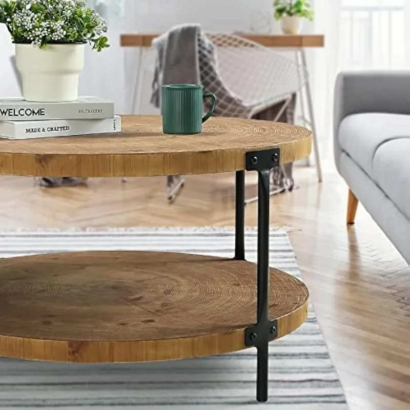 Round Boho Wood Coffee Table ，Farmhouse Natural Circle Wooden  Coffee Tables Living Room Furniture