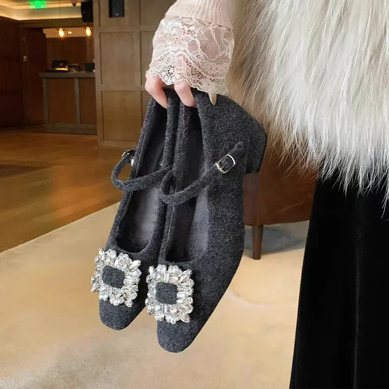 Sapatos de salto grosso único feminino viagem boca rasa strass não cansado sapatos de salto grosso das mulheres zapatos de mujer