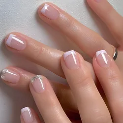 24Pcs Short Ballet False Nail White French Fake Nail with  Shiny Powder Wearable Simple Coffin Press on Nails Square Manicure