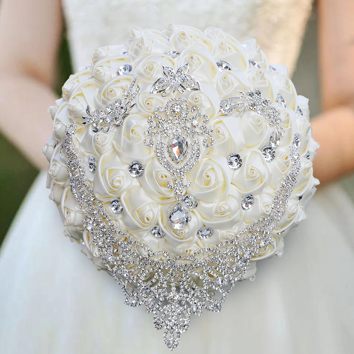 Bride  Maid of Honor Floral Ivory-colored Ribbon Rose Roll Bouquet Luxury Rhinestone Pearl Fringe Wedding Artificial BouquetW287