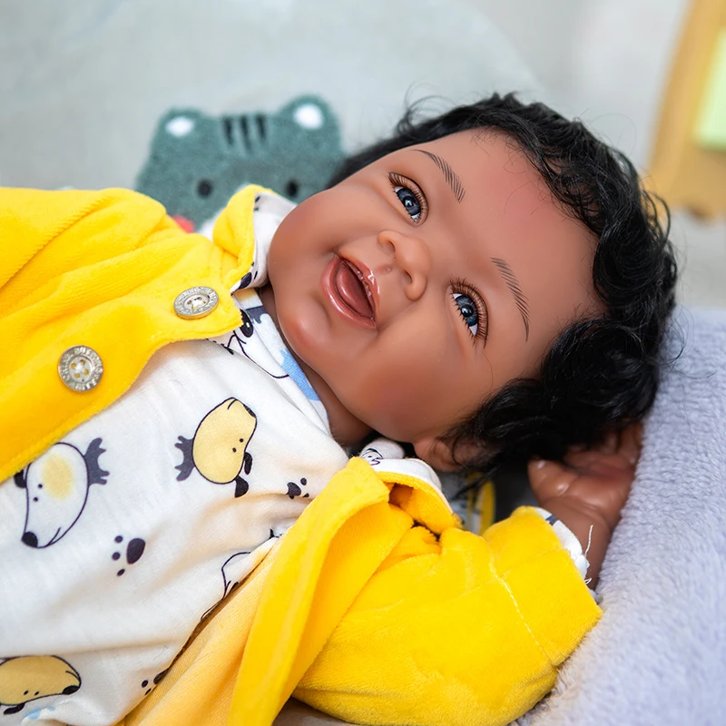 48CM Reborn Toddler Dark Brown Complexion Full Body Silicone Soft Body African American Baby Girl Doll Hand Hair