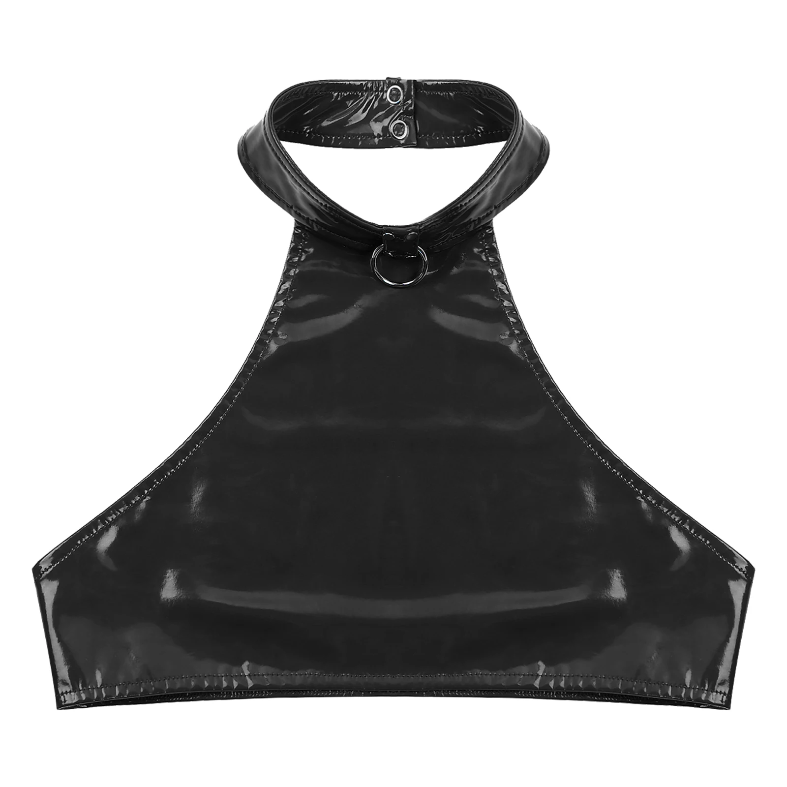 Men Fashion O Ring Halter Vest Crop Tops Wetlook Latex Backless Sleeveless Patent Leather Camisole for Party Club Music Festival