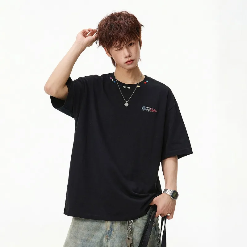 

Мужская футболка оверсайз TFETTERS 2026 летняя, в японском ретро-стиле, с контрастной вышивкой на горловине, хлопковая, повседневная, уличная одежда