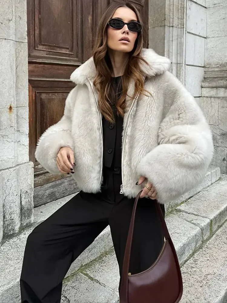 Herbst Winter warme Reiß verschluss Revers Tasche Kunst fuchs Pelzmantel lang ärmel ige flauschige lose Damen jacke 2024 neue Dame dicke Oberbekleidung