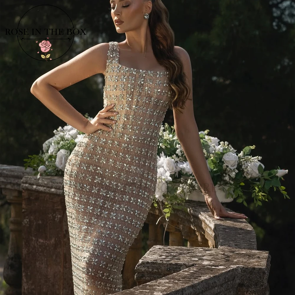ROSEINTHEBOX Customized Sparkling Crystal Mermaid Luxury Evening Dresses Square Neckline Elegant Party Dresses Formal Galas