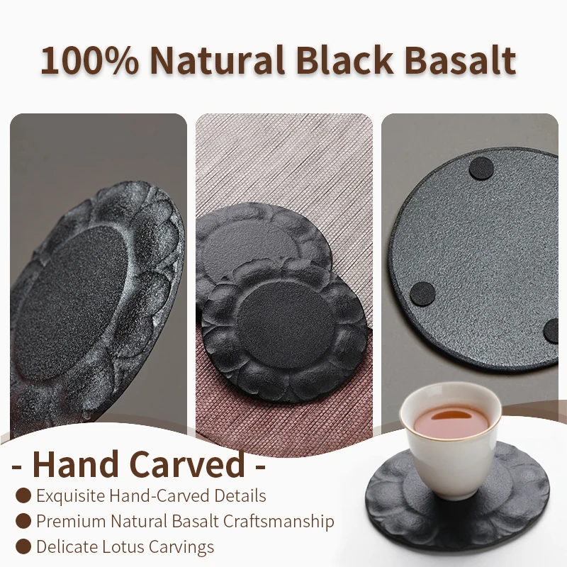 Black Golden Stone Tea Coaster 10cm Natural Basalt  Hand Carved Lotus Pattern Kung Fu Tea Cup Pad Home Decor Gift for Tea Lovers