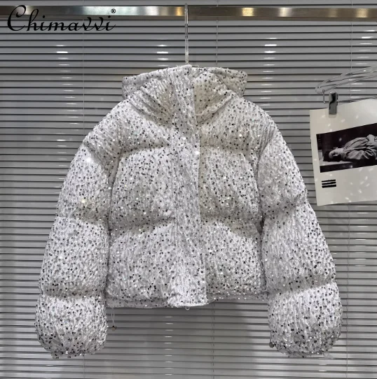 

2025 Winter Clothes New Heavy Sequin Warm Hooded Puffer Jacket Fashion Long Sleeve Loose Women's Streetwear Cotton Coat