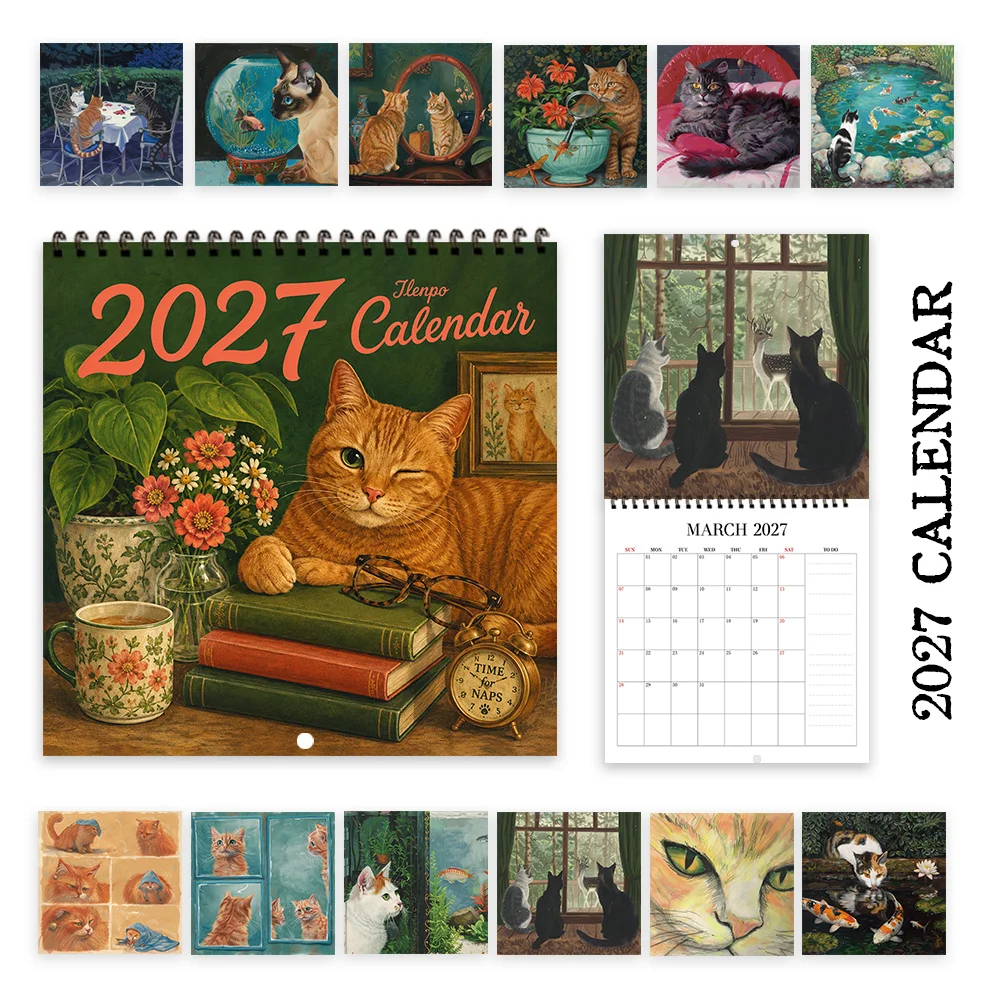 1pc 2027 Vintage Cozy Kitten Wall Calendar,12‑Month Planner,Gift For Back‑to‑School,Christmas,New Year,Free Stickers Included