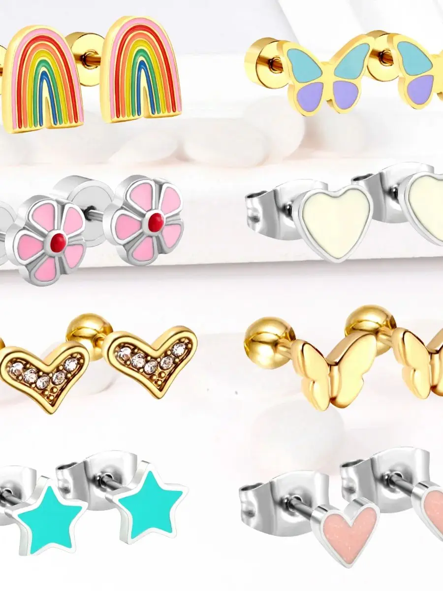 Kolczyki LUXUKISSKIDS, tęczowe sztyfty, stalowe, koreańska moda, delikatne, małe serduszka, piercing dla kobiet, modne, urocze, małe ozdoby do uszu, trend 2026. — zdjęcie 2