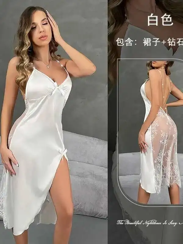 Weiß Nachtwäsche Sexy Lange Nachthemd Frauen Satin Dessous Sommer Neue Homedress Loungewear Pijama Sexy Kleid Elegante Casual LJRN