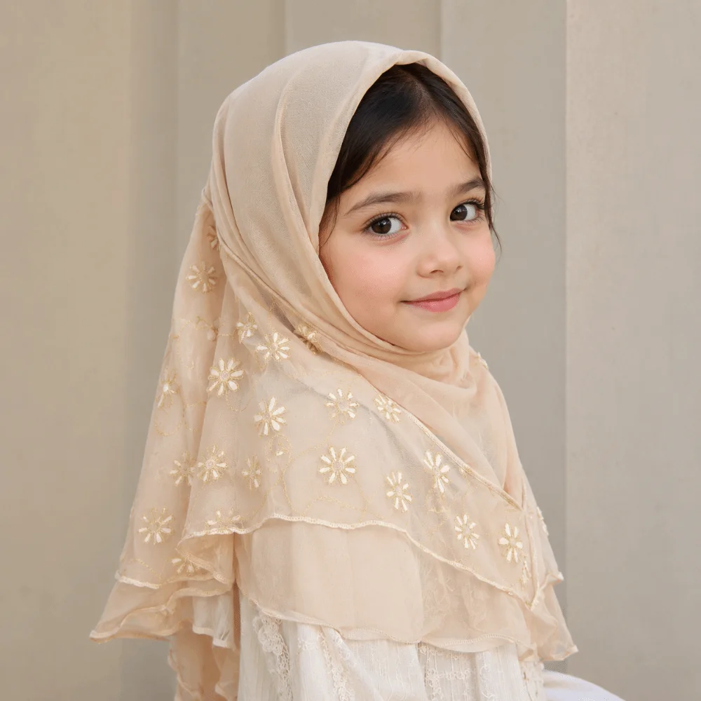 Beautiful Flower Net Small Girl Hijab Elastic Solid Pull On Instant Headscarf Cotton Mesh Islamic Scarf Shawl 2-6 Years Old