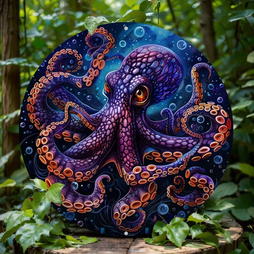 

Ocean Octopus Aluminum Metal Wall Art Decor, 2D Round Flat Sign, Perfect Marine Animal Lover Gift for Home, Office Decoration