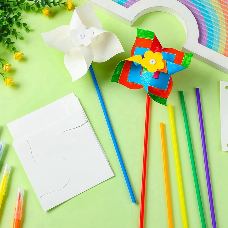 BEDW-48 sztuk DIY wiatraczki Craft biały pusty papier wiatraczki kolor własne wiatraczki dla dzieci letnia aktywność sztuka