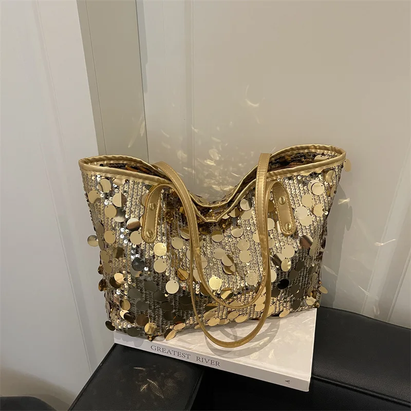 

Fashion Sequined Women's Bucket Handbags Slouchy Hobo Trendy Underarm Bag for Work Travel Shopping Shiny Tote Bag