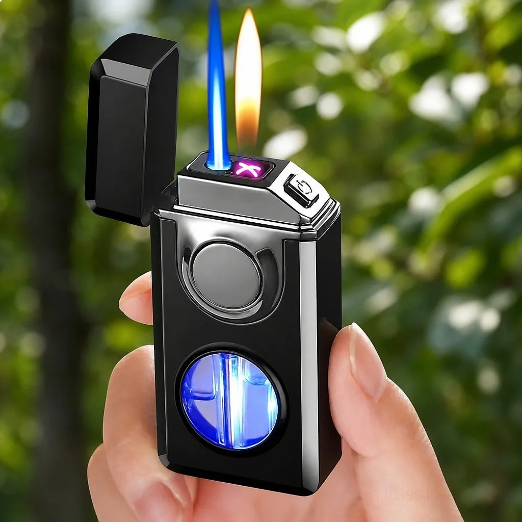Three Flame Voice Controlled Butane Lighter with Blue Light Window Digital Battery Display