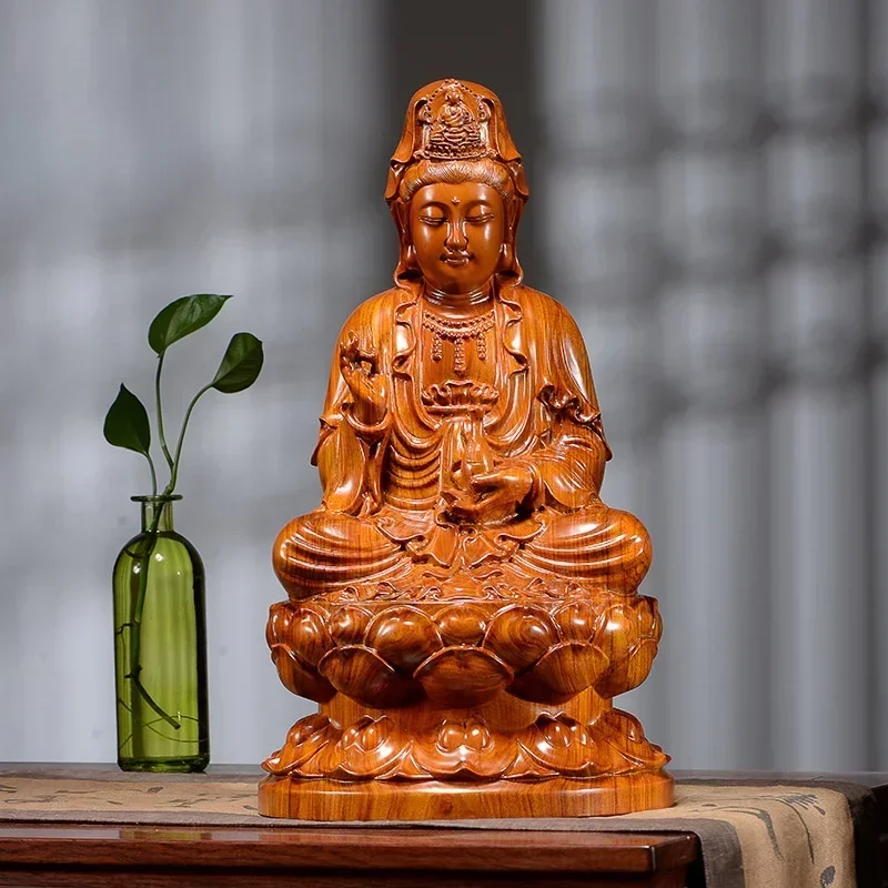 

Guanyin Buddha Figure Wood Pear Carving Buddhism Buddha Statue Ornament Seated Lotus Guanyin Bodhisattva Home Decor