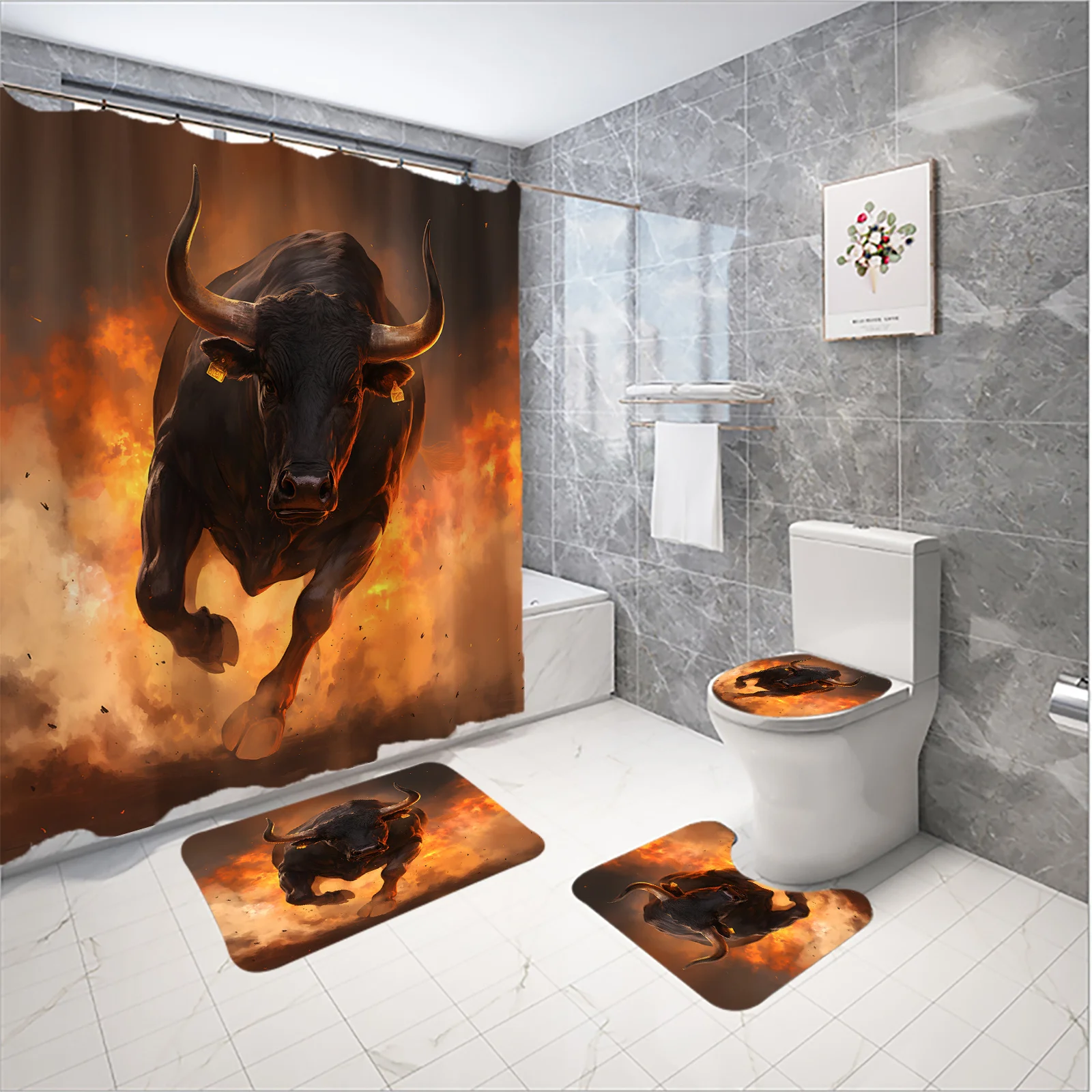 

4pcs Full of Power Cow Pattern Shower Curtain Set Bathroom Curtains, Bathroom Decorative Shower Curtain, Bathroom Partition