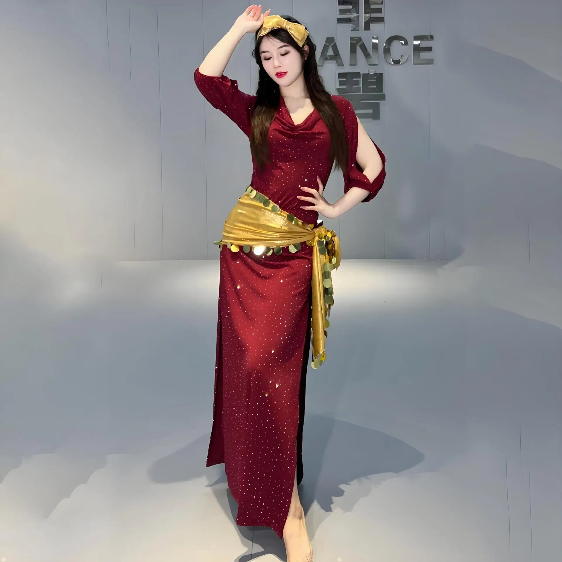 مجموعة أزياء أداء الرقص الشرقي للنساء نصف كم رداء قطني + غطاء للرأس + حزام 3 قطعة رداء أداء شابي بلدي #6