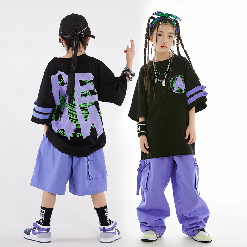 Kids Hip Hop Dance Costume Loose Overalls Purple Coat Pants Street Dance Clothing Boys Girls Jazz Drum Show Stage Clothes L10400