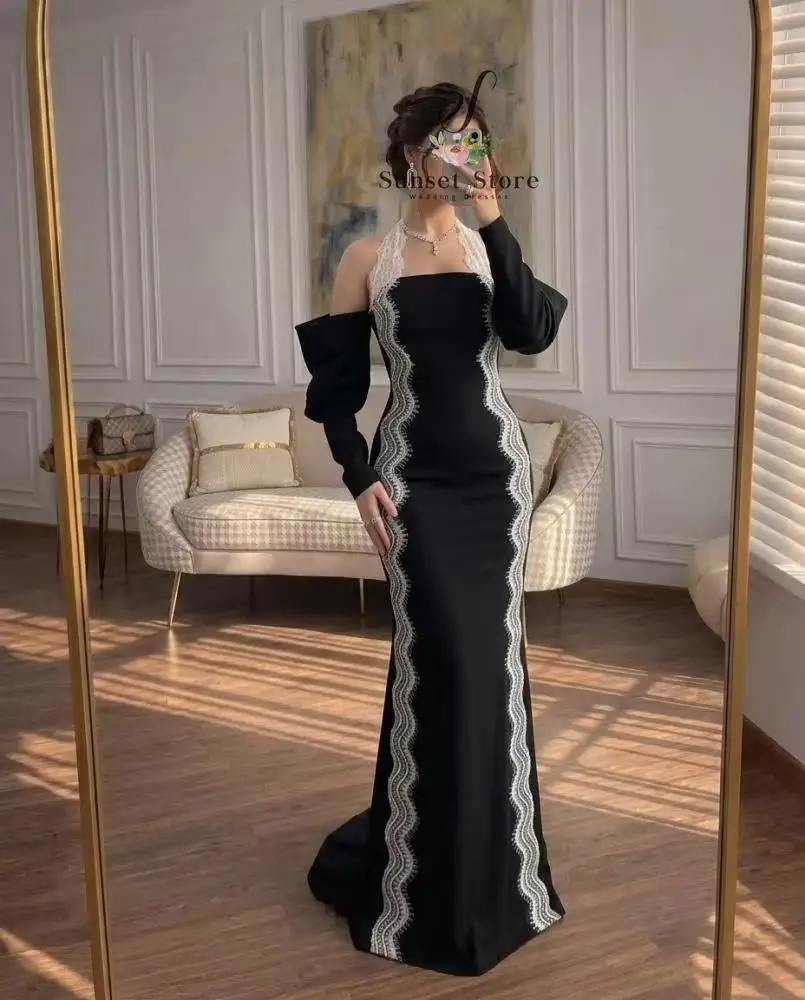 Customized  Black Halter Evening Dress Off the Shoulder Full Sleeve Formal Gown Satin White Lace Wedding Guest Outfit