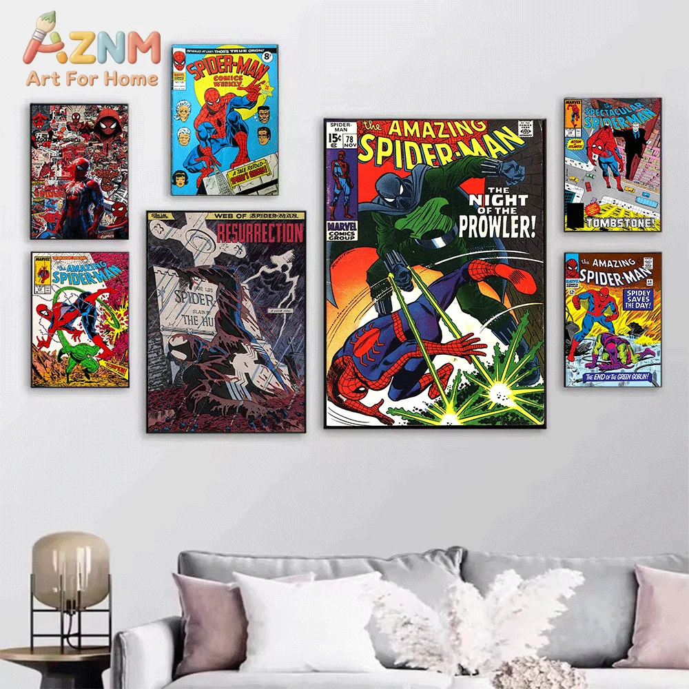 AZNM The Amazing Spiderman Vintage Comic Canvas Wall Print, Classic Superhero Comic Cover Art Poster, Unframed Canvas Painting