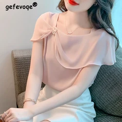 Women Clothing Summer Fashion Rhinestone Elegant Blouses Ruffles Sweet Chic Short Sleeve Shirts Female Casual Solid Fairy Tops