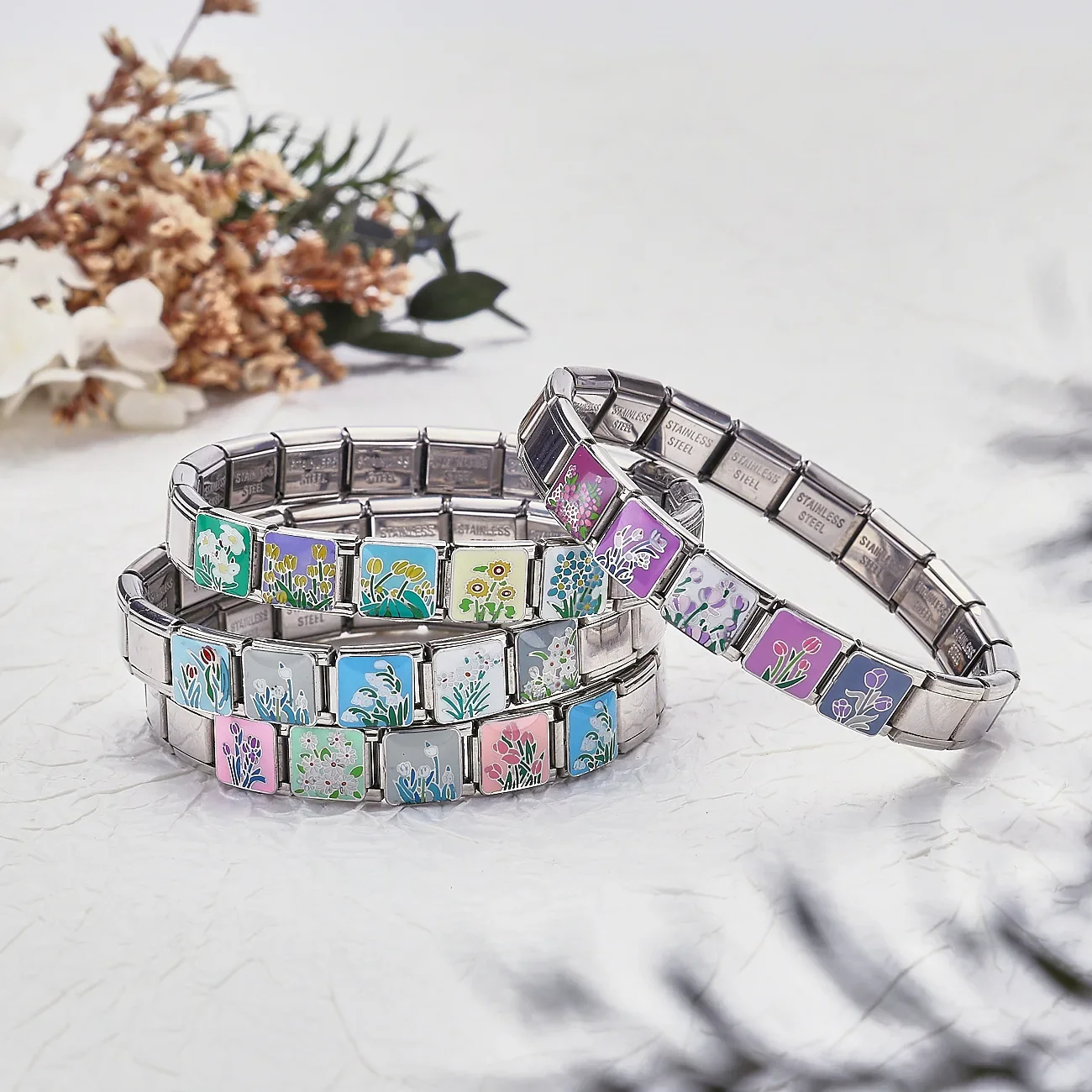 

Romantic Flower Series Pattern Italian Charm Module Stainless Steel Welding Elastic Bracelet for Woman DIY Making Onhand Jewelry