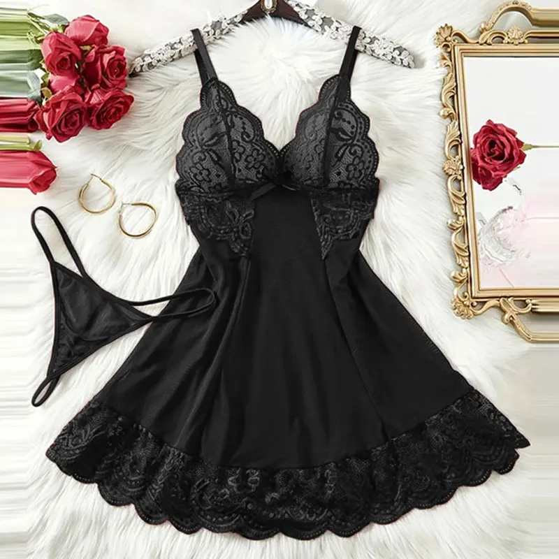 Women Underwear Set Delicate Fancy Bras And Thong Sets V-neck Hot Semi-see-through Lingerie Pajamas Soft Nightgowns Night Dress