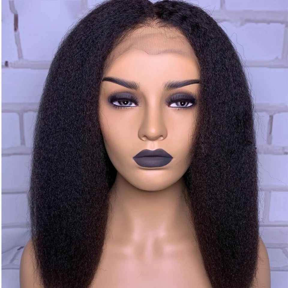 Black Soft Long 26Inch  Yaki Kinky Straight Lace Front Wig For Black Women With BabyHair Preplucked Synthetic Glueless Daily