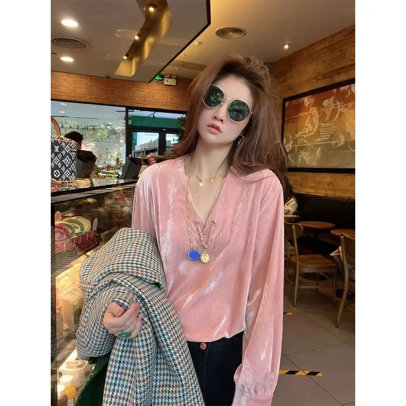 

Women Spring Simplicity Loose Large Size Solid Color V-neck Long Sleeve T-Shirt Ladies Fashion Chain All-match Trend Tops TT657