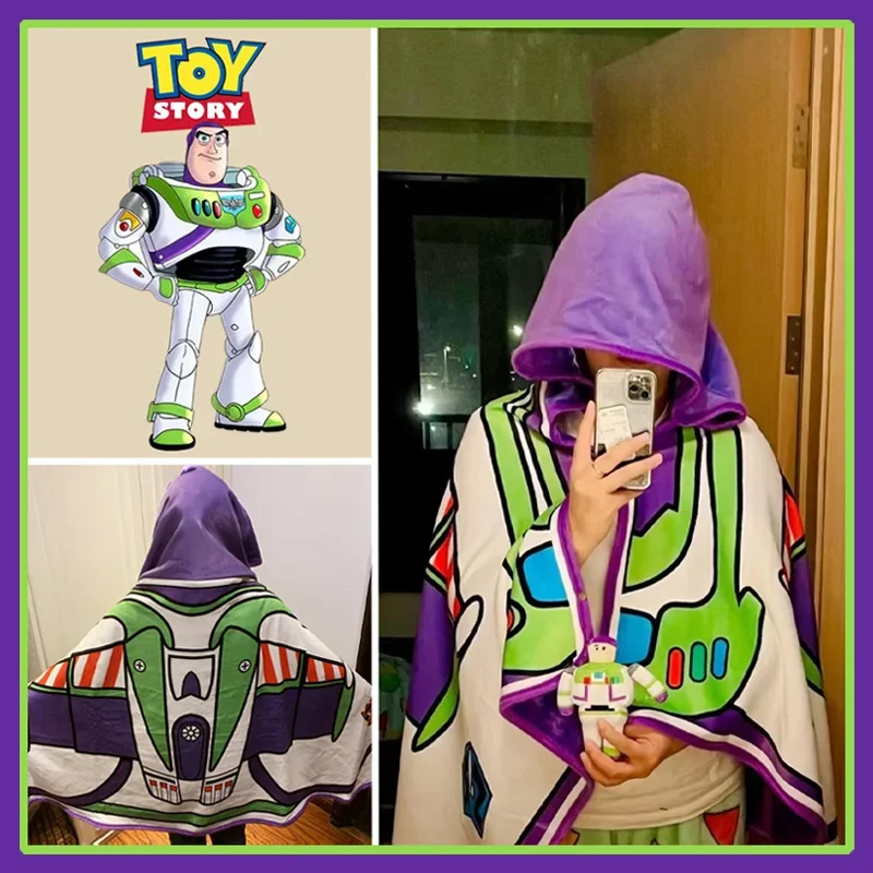 Disney Toy Story Buzz Lightyear Cosplay tkanina polarowa koralowy koc z kapturem kreskówka peleryna ciepłe miękkie futro koc Sofa