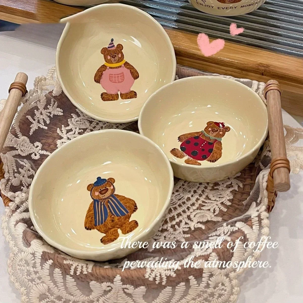 Korean Style Three Little Bear Cartoon Bowls Cute Tableware Cartoon Household Thickened Ceramic Bowl Plate Cutlery Set Soup Bowl
