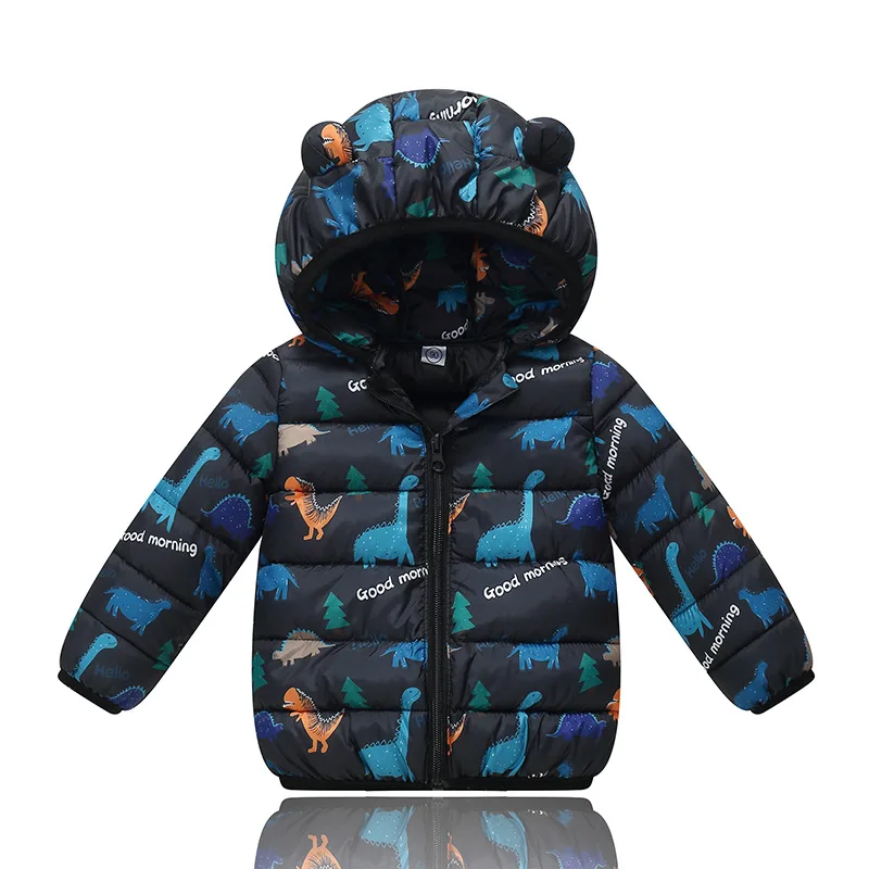 Autumn Winter New Boys Jacket Cartoon Dinosaur Print Thick Warm Hooded Zipper Light Thin Coat For Girls Cotton Down Outwear  123