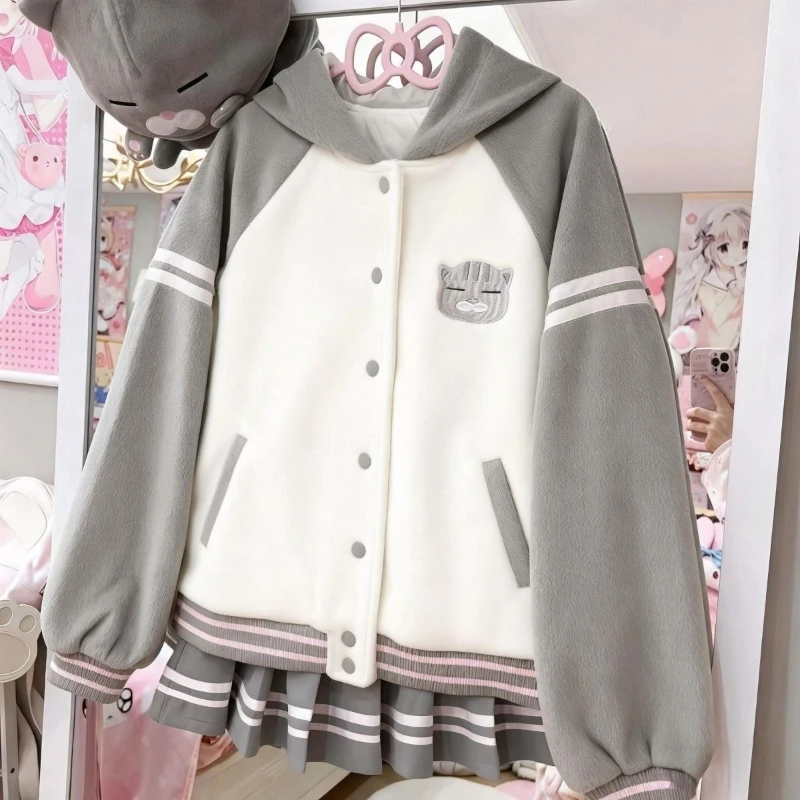 

Japanese Y2k Aesthetics Hooded Coats Women Preppy Style Cartoon Cat Embroidery Kawaii Tops Harajuku Loose Single Breasted Jacket