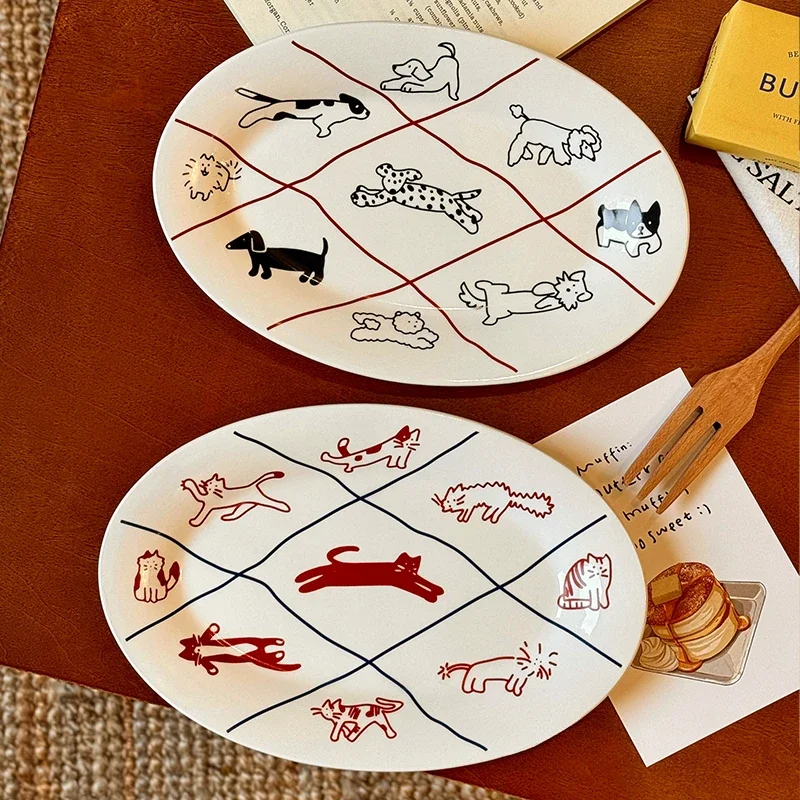 

Kitten Cartoon Puppy Ceramic Plate Ellipse Korean Ins Vintage Cute Grid Dessert Breakfast Plate Household Dessert Tableware Dish