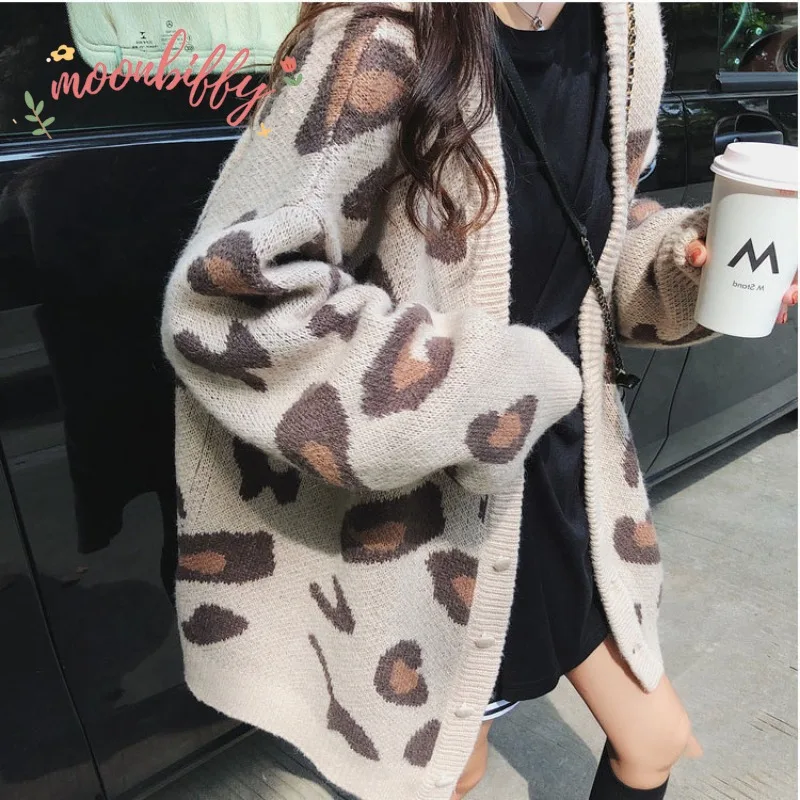 Fashion Autumn Winter Knitted Leopard Sweaters Women Korean V Neck Thick Print Cardigan Coat Loose Button Outwear